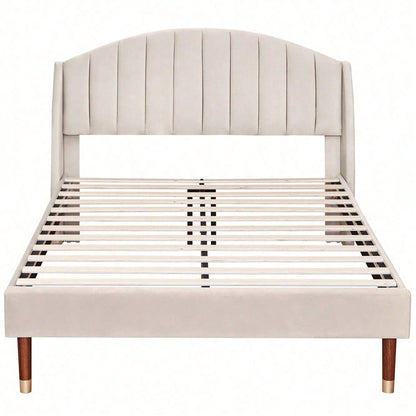 Polsterbett 140*200 mit Lattenrost und Kopfteil, Jugendbett, für Erwachsene & Jugendliche, ohne Matratze, Holzlattenunterstützung, Einfache Montage, Samt, Beige