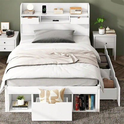 Einzelbett, 90*200cm, Mit USB-port & Schubladen & Stauschrank, Kinderbett, Jugendbett, Multifunktionales Bett, Großer Stauraum, ohne Matratze, weiß