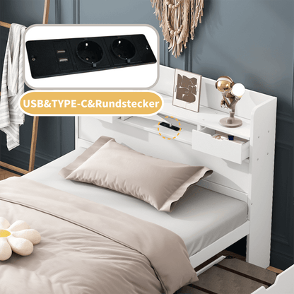 Einzelbett, 90*200cm, Mit USB-port & Schubladen & Stauschrank, Kinderbett, Jugendbett, Multifunktionales Bett, Großer Stauraum, ohne Matratze, weiß
