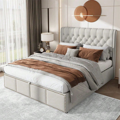 Baumwolle-Leinen Polsterbett, mit Hydraulikhebel, Aufbewahrung von Bettkästen, Nietenverzierung, 140 x 190 cm, ohne Matratze