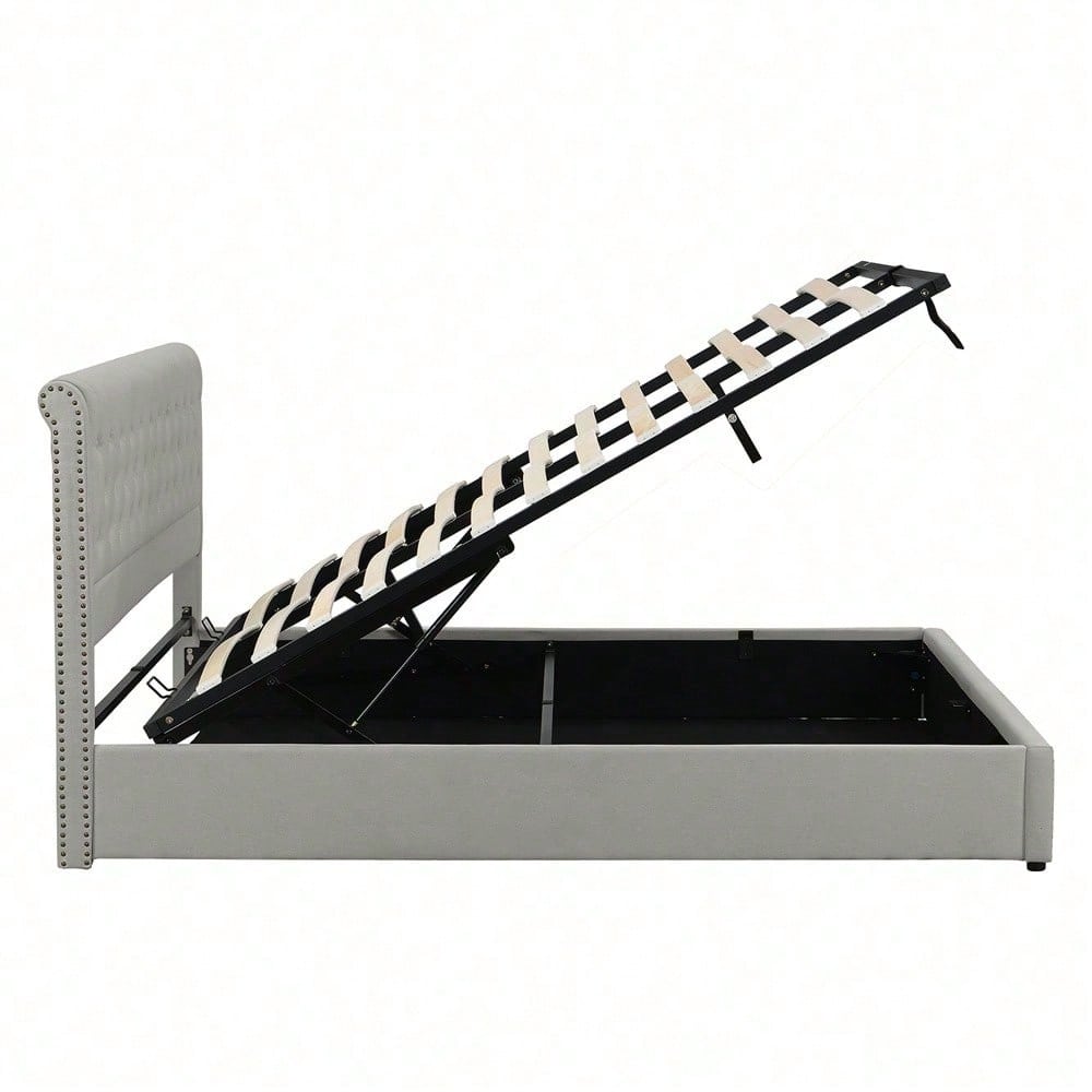 Baumwolle-Leinen Polsterbett, mit Hydraulikhebel, Aufbewahrung von Bettkästen, Nietenverzierung, 140 x 190 cm, ohne Matratze