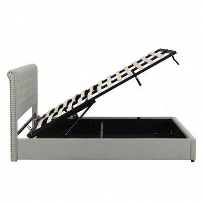 Baumwolle-Leinen Polsterbett, mit Hydraulikhebel, Aufbewahrung von Bettkästen, Nietenverzierung, 140 x 190 cm, ohne Matratze