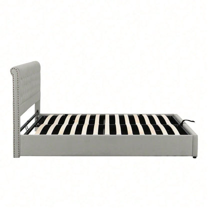 Baumwolle-Leinen Polsterbett, mit Hydraulikhebel, Aufbewahrung von Bettkästen, Nietenverzierung, 140 x 190 cm, ohne Matratze