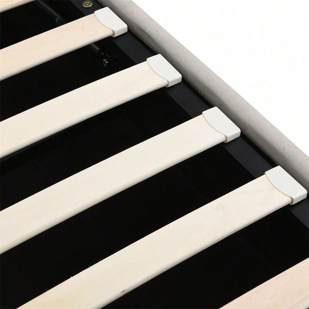 Baumwolle-Leinen Polsterbett, mit Hydraulikhebel, Aufbewahrung von Bettkästen, Nietenverzierung, 140 x 190 cm, ohne Matratze