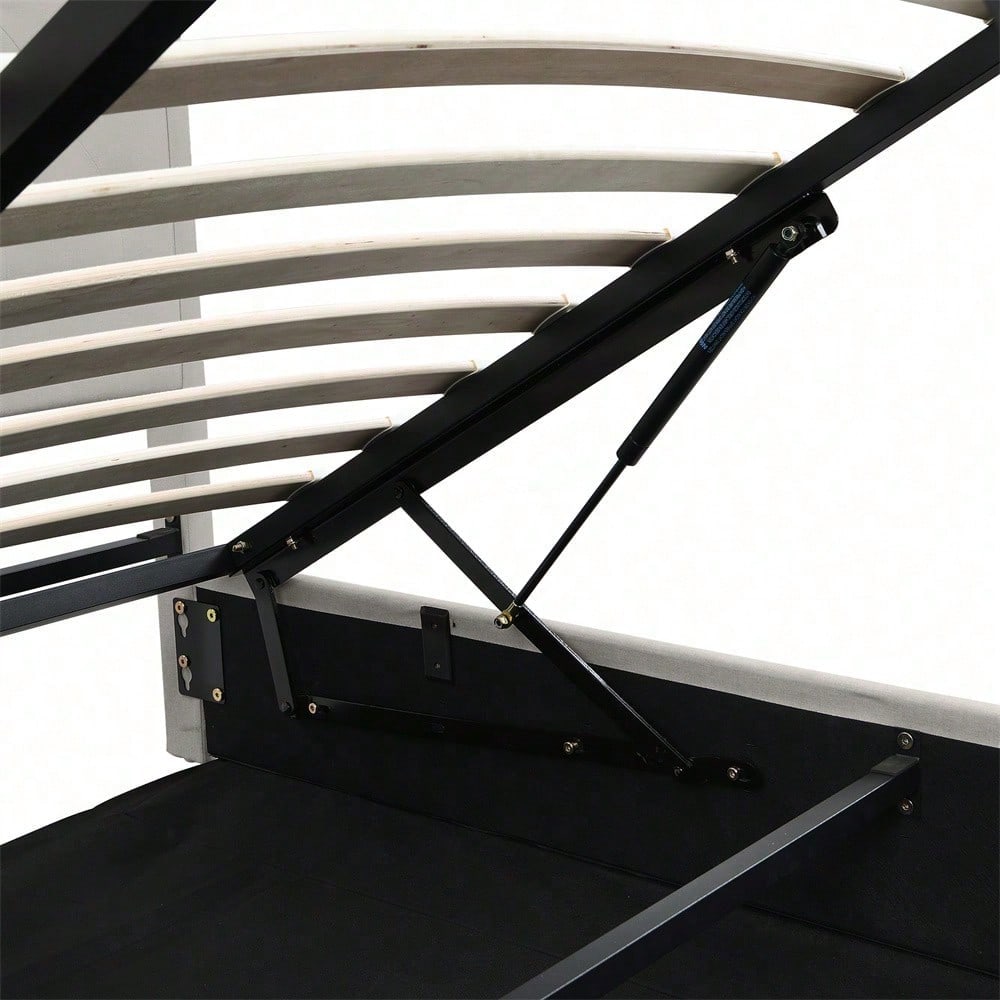 Baumwolle-Leinen Polsterbett, mit Hydraulikhebel, Aufbewahrung von Bettkästen, Nietenverzierung, 140 x 190 cm, ohne Matratze