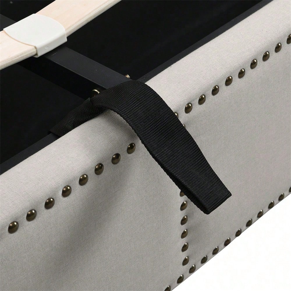 Baumwolle-Leinen Polsterbett, mit Hydraulikhebel, Aufbewahrung von Bettkästen, Nietenverzierung, 140 x 190 cm, ohne Matratze