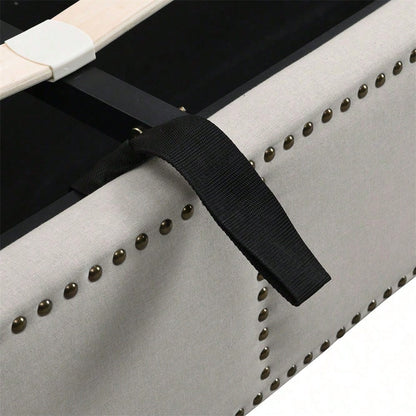 Baumwolle-Leinen Polsterbett, mit Hydraulikhebel, Aufbewahrung von Bettkästen, Nietenverzierung, 140 x 190 cm, ohne Matratze