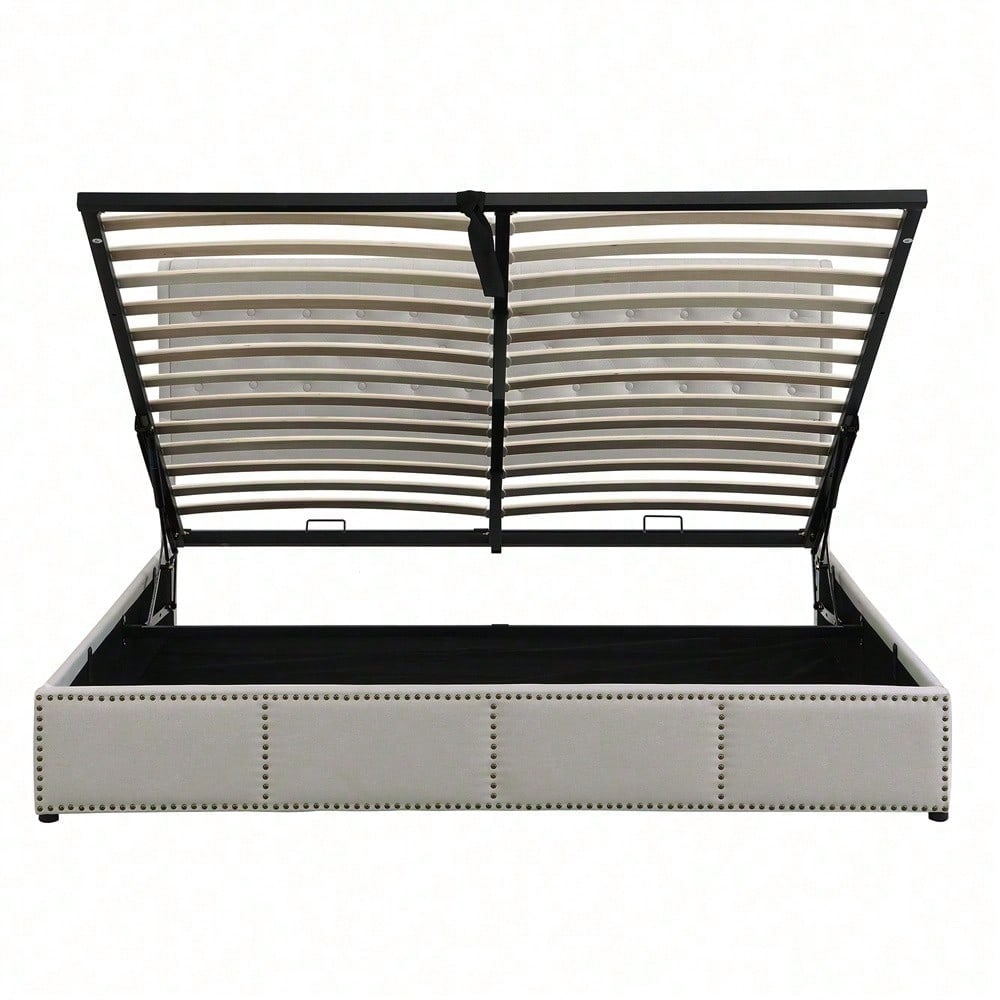 Baumwolle-Leinen Polsterbett, mit Hydraulikhebel, Aufbewahrung von Bettkästen, Nietenverzierung, 140 x 190 cm, ohne Matratze