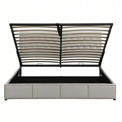 Baumwolle-Leinen Polsterbett, mit Hydraulikhebel, Aufbewahrung von Bettkästen, Nietenverzierung, 140 x 190 cm, ohne Matratze