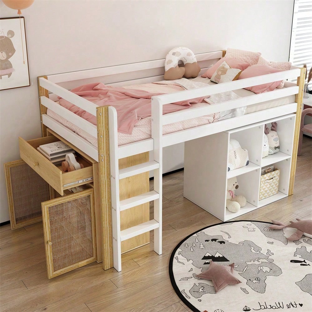 Kinderhochbett, multifunktionales Kinderbett, einzelnes Kinderbett, mit 2 Aufbewahrungsschrank und Leiter, ohne Matratze, 90 x 200 cm, Natur + Weiß
