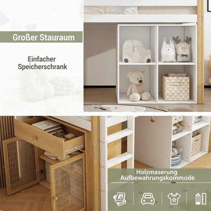 Kinderhochbett, multifunktionales Kinderbett, einzelnes Kinderbett, mit 2 Aufbewahrungsschrank und Leiter, ohne Matratze, 90 x 200 cm, Natur + Weiß