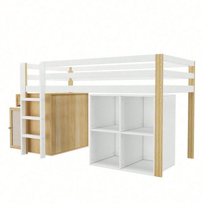 Kinderhochbett, multifunktionales Kinderbett, einzelnes Kinderbett, mit 2 Aufbewahrungsschrank und Leiter, ohne Matratze, 90 x 200 cm, Natur + Weiß
