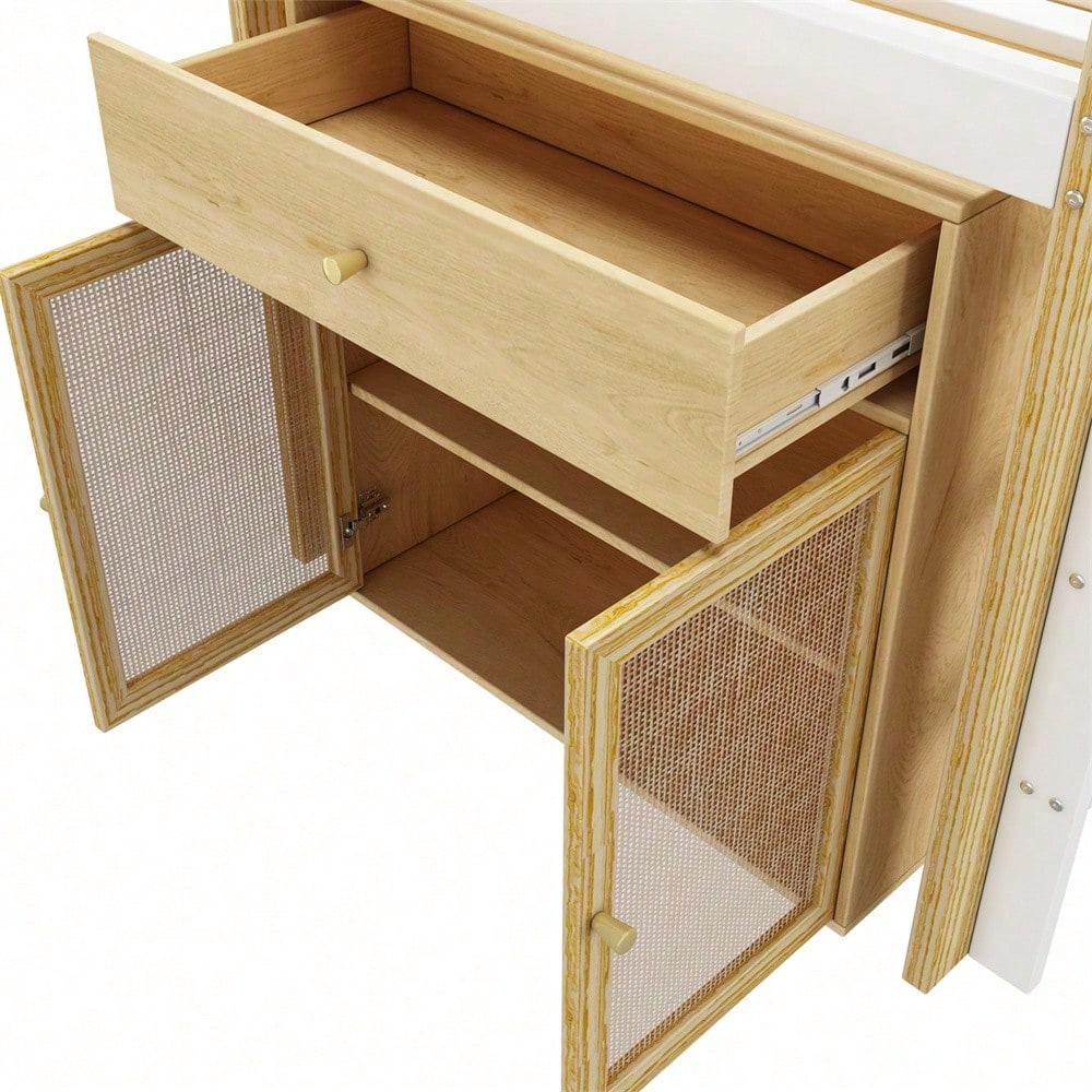 Kinderhochbett, multifunktionales Kinderbett, einzelnes Kinderbett, mit 2 Aufbewahrungsschrank und Leiter, ohne Matratze, 90 x 200 cm, Natur + Weiß