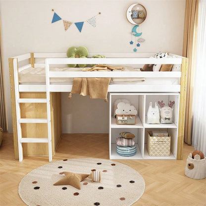 Kinderhochbett, multifunktionales Kinderbett, einzelnes Kinderbett, mit 2 Aufbewahrungsschrank und Leiter, ohne Matratze, 90 x 200 cm, Natur + Weiß