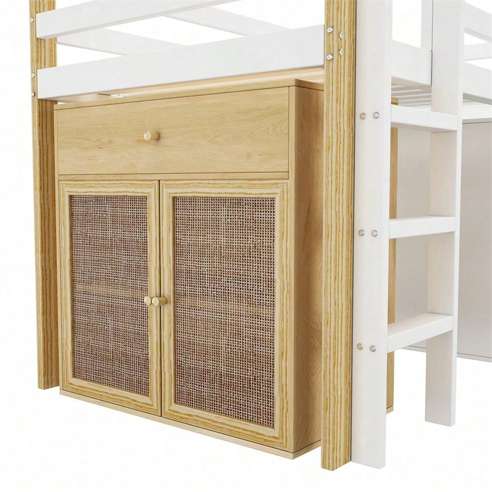 Kinderhochbett, multifunktionales Kinderbett, einzelnes Kinderbett, mit 2 Aufbewahrungsschrank und Leiter, ohne Matratze, 90 x 200 cm, Natur + Weiß