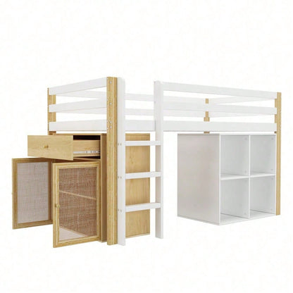 Kinderhochbett, multifunktionales Kinderbett, einzelnes Kinderbett, mit 2 Aufbewahrungsschrank und Leiter, ohne Matratze, 90 x 200 cm, Natur + Weiß
