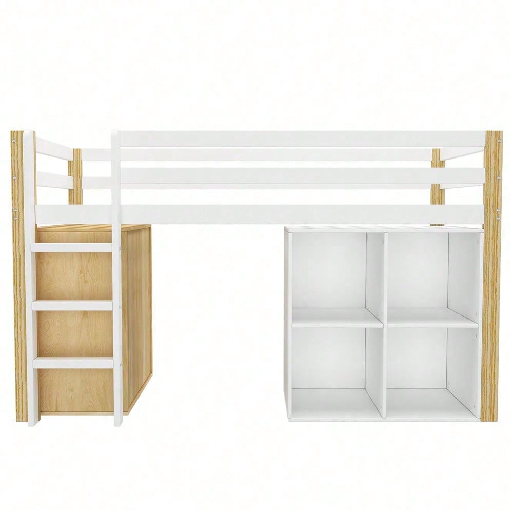 Kinderhochbett, multifunktionales Kinderbett, einzelnes Kinderbett, mit 2 Aufbewahrungsschrank und Leiter, ohne Matratze, 90 x 200 cm, Natur + Weiß
