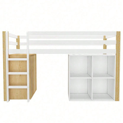 Kinderhochbett, multifunktionales Kinderbett, einzelnes Kinderbett, mit 2 Aufbewahrungsschrank und Leiter, ohne Matratze, 90 x 200 cm, Natur + Weiß
