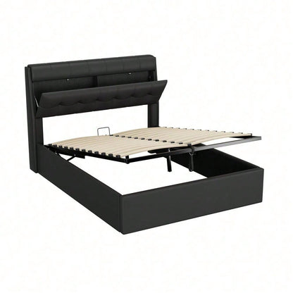Lit rembourré de style, 140x190, lit hydraulique, Rangement caché au chevet, rangement pour le coffre de lit, PU, avec sommier à lattes et avec tête de lit, sans matelas, noir