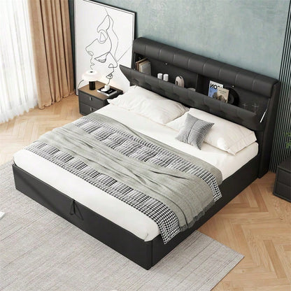 Lit rembourré de style, 140x190, lit hydraulique, Rangement caché au chevet, rangement pour le coffre de lit, PU, avec sommier à lattes et avec tête de lit, sans matelas, noir