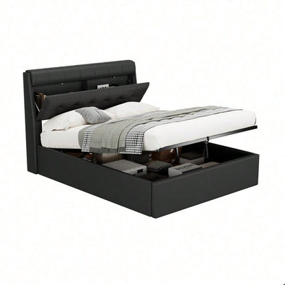 Lit rembourré de style, 140x190, lit hydraulique, Rangement caché au chevet, rangement pour le coffre de lit, PU, avec sommier à lattes et avec tête de lit, sans matelas, noir