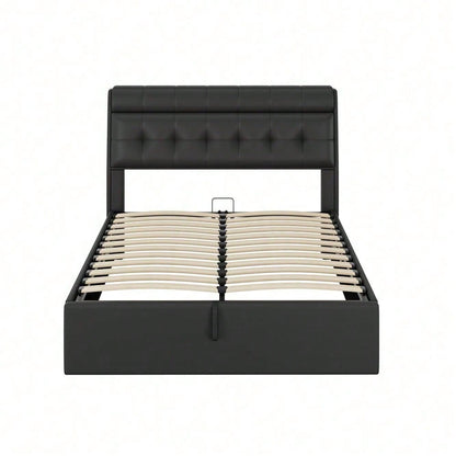 Lit rembourré de style, 140x190, lit hydraulique, Rangement caché au chevet, rangement pour le coffre de lit, PU, avec sommier à lattes et avec tête de lit, sans matelas, noir