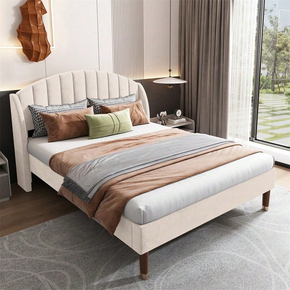 Polsterbett 160*200 mit Lattenrost und Kopfteil, Jugendbett, für Erwachsene & Jugendliche, , ohne Matratze, Holzlattenunterstützung, Einfache Montage, Samt, beige