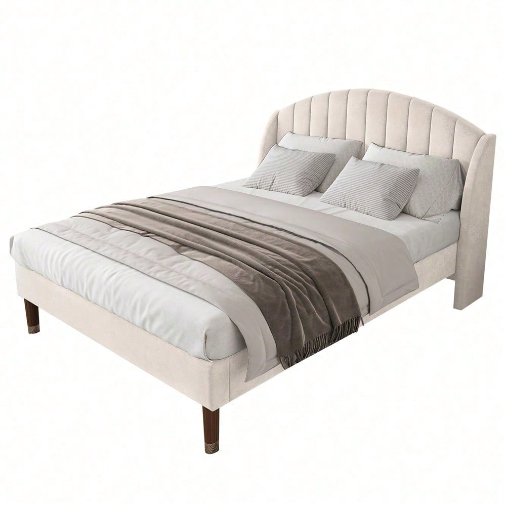 Polsterbett 160*200 mit Lattenrost und Kopfteil, Jugendbett, für Erwachsene & Jugendliche, , ohne Matratze, Holzlattenunterstützung, Einfache Montage, Samt, beige