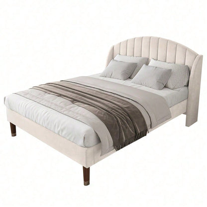 Polsterbett 160*200 mit Lattenrost und Kopfteil, Jugendbett, für Erwachsene & Jugendliche, , ohne Matratze, Holzlattenunterstützung, Einfache Montage, Samt, beige