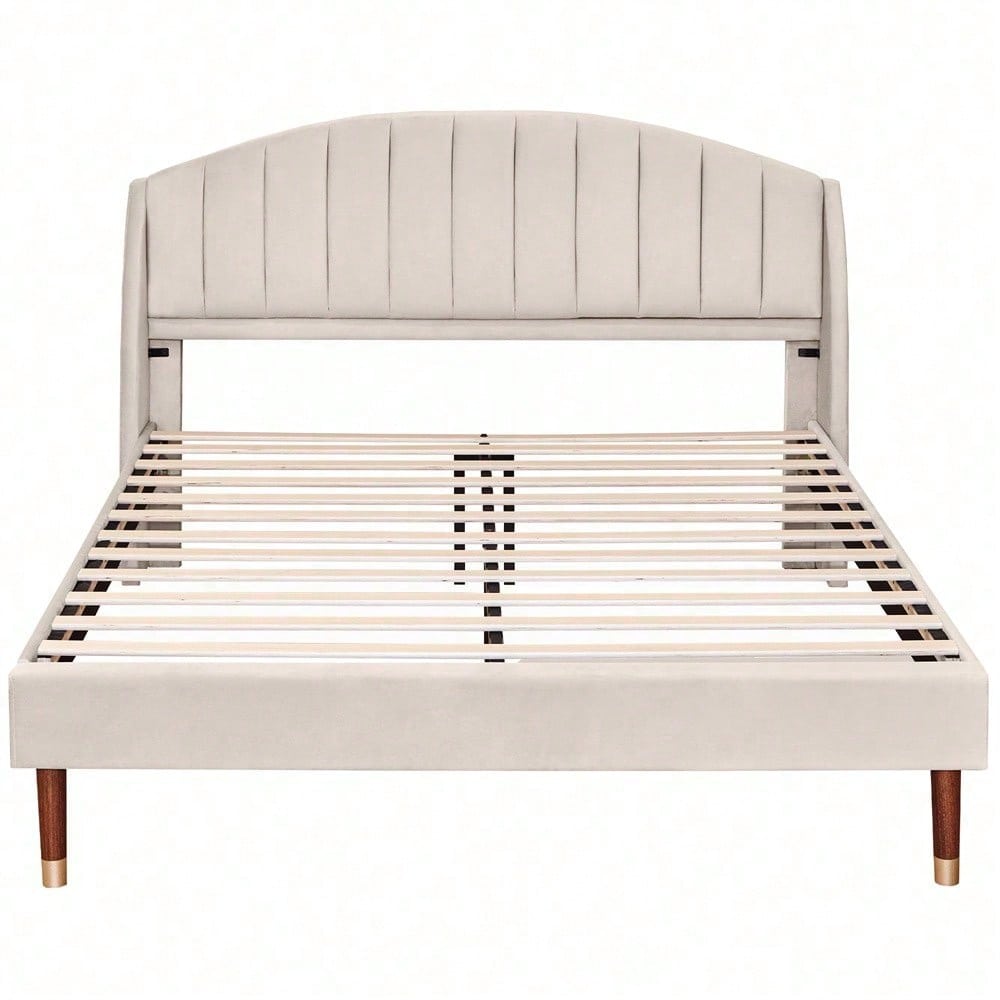 Polsterbett 160*200 mit Lattenrost und Kopfteil, Jugendbett, für Erwachsene & Jugendliche, , ohne Matratze, Holzlattenunterstützung, Einfache Montage, Samt, beige