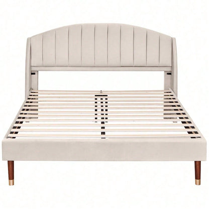 Polsterbett 160*200 mit Lattenrost und Kopfteil, Jugendbett, für Erwachsene & Jugendliche, , ohne Matratze, Holzlattenunterstützung, Einfache Montage, Samt, beige