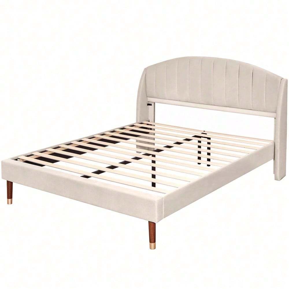 Polsterbett 160*200 mit Lattenrost und Kopfteil, Jugendbett, für Erwachsene & Jugendliche, , ohne Matratze, Holzlattenunterstützung, Einfache Montage, Samt, beige
