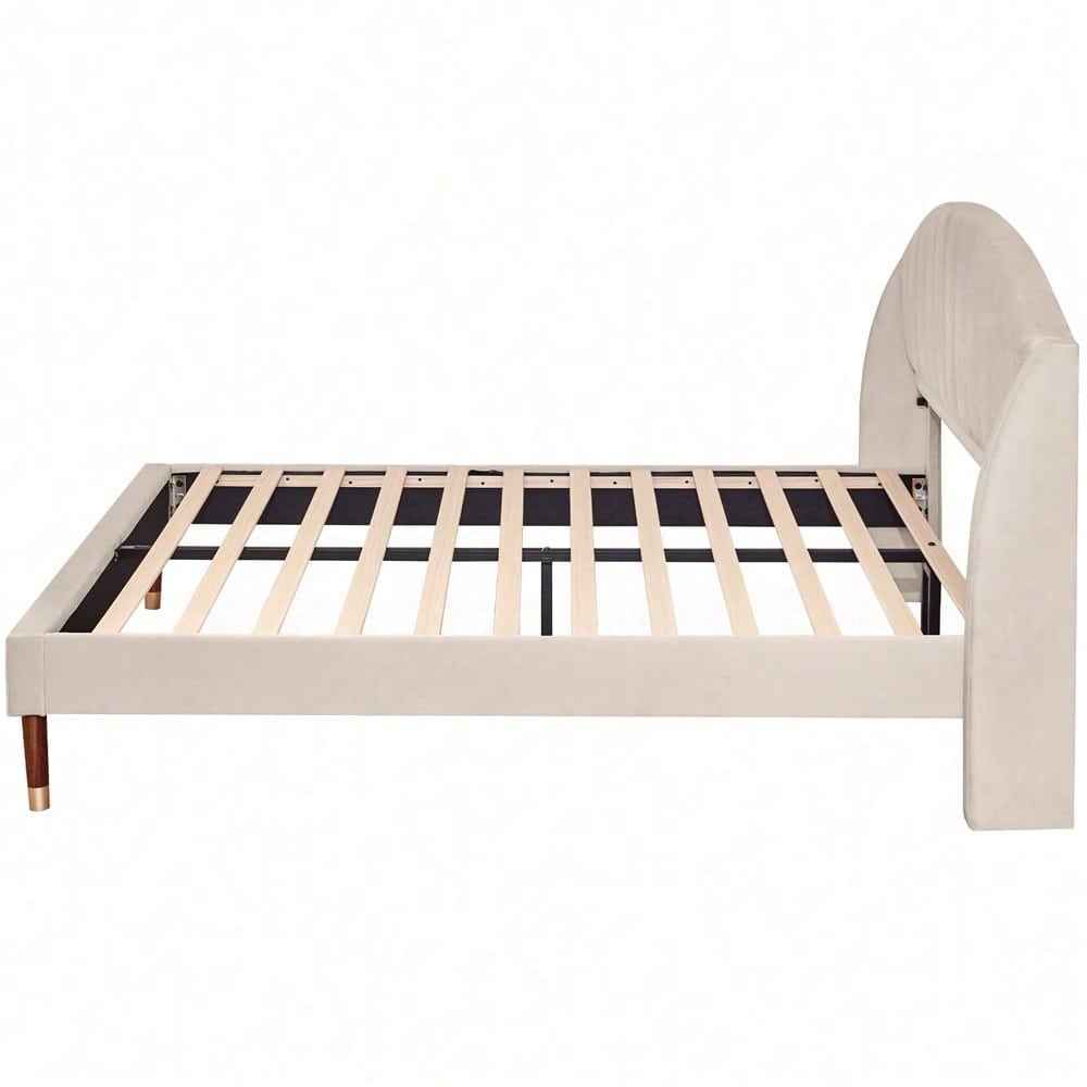 Polsterbett 160*200 mit Lattenrost und Kopfteil, Jugendbett, für Erwachsene & Jugendliche, , ohne Matratze, Holzlattenunterstützung, Einfache Montage, Samt, beige