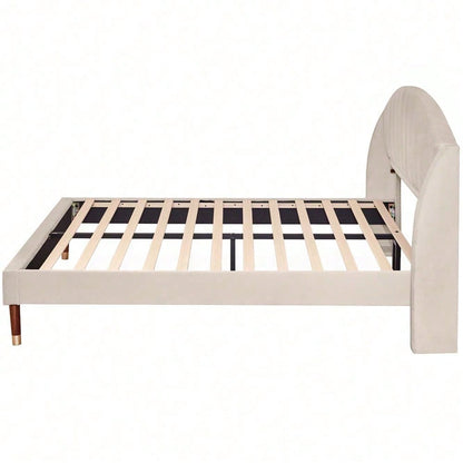 Polsterbett 160*200 mit Lattenrost und Kopfteil, Jugendbett, für Erwachsene & Jugendliche, , ohne Matratze, Holzlattenunterstützung, Einfache Montage, Samt, beige