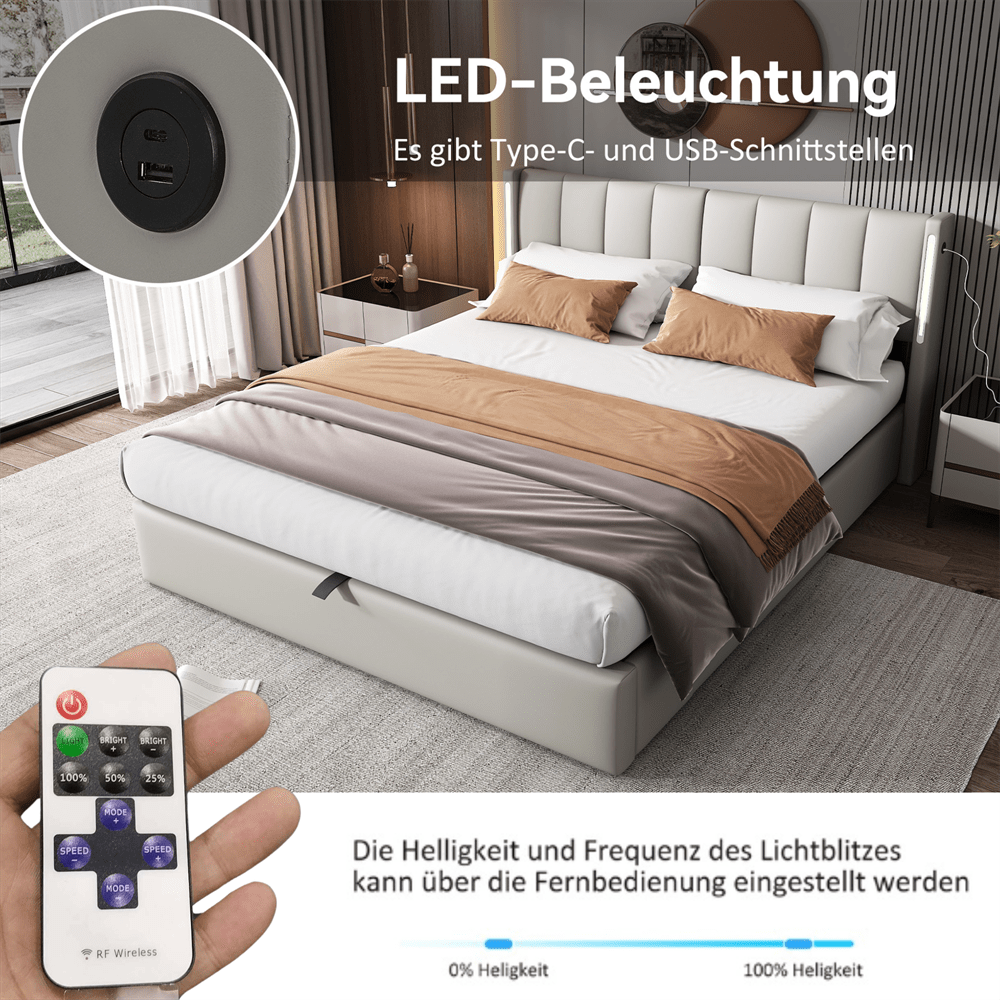 Binaurales LED-Polsterbett 180 x 200 cm, hydraulisches Bett, wiederaufladbarer USB-Anschluss im Bett, mit LED-Beleuchtung, mit Stauraum, verstellbares Kopfteil, PU, grau
