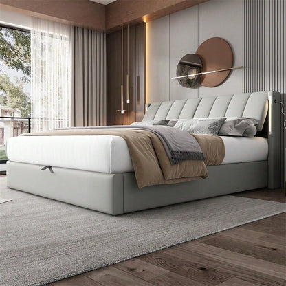 Binaurales LED-Polsterbett 180 x 200 cm, hydraulisches Bett, wiederaufladbarer USB-Anschluss im Bett, mit LED-Beleuchtung, mit Stauraum, verstellbares Kopfteil, PU, grau