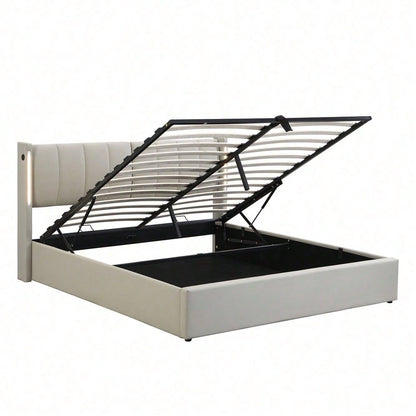 Binaurales LED-Polsterbett 180 x 200 cm, hydraulisches Bett, wiederaufladbarer USB-Anschluss im Bett, mit LED-Beleuchtung, mit Stauraum, verstellbares Kopfteil, PU, grau