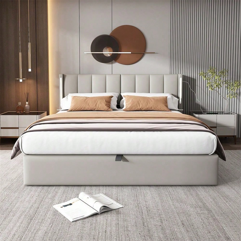 Binaurales LED-Polsterbett 180 x 200 cm, hydraulisches Bett, wiederaufladbarer USB-Anschluss im Bett, mit LED-Beleuchtung, mit Stauraum, verstellbares Kopfteil, PU, grau