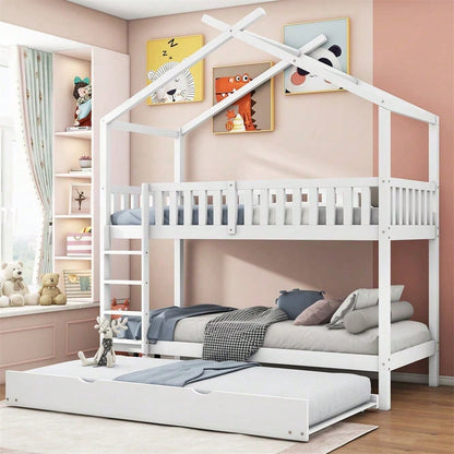 Hausbett Kinderbett Jugendbett, 90x200 cm, drei Betten,Ausziehbar, Platzsparendes Design, Weiß