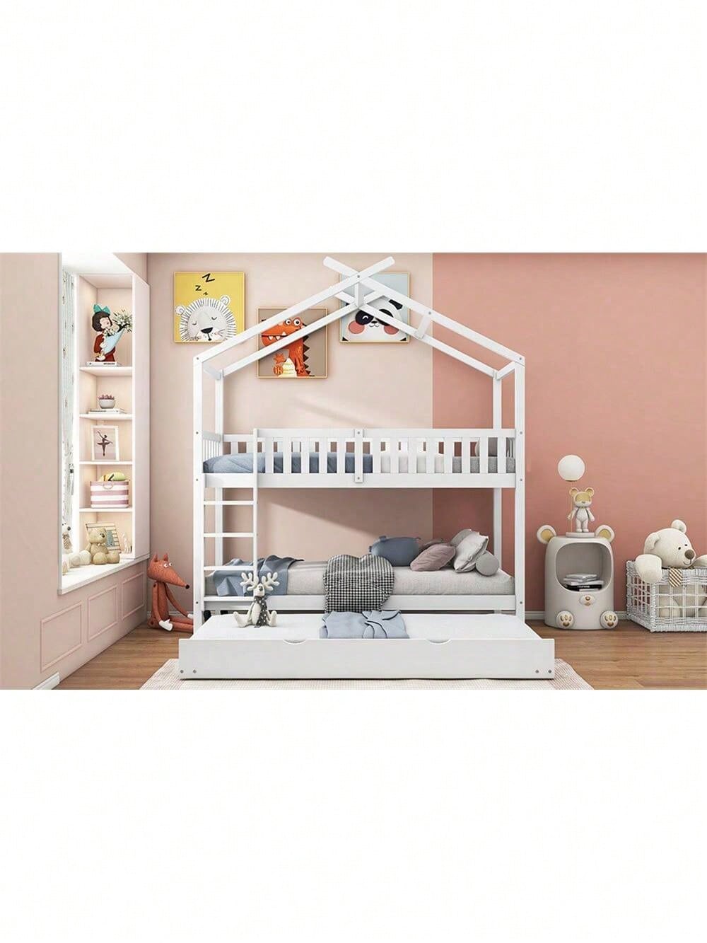 Hausbett Kinderbett Jugendbett, 90x200 cm, drei Betten,Ausziehbar, Platzsparendes Design, Weiß