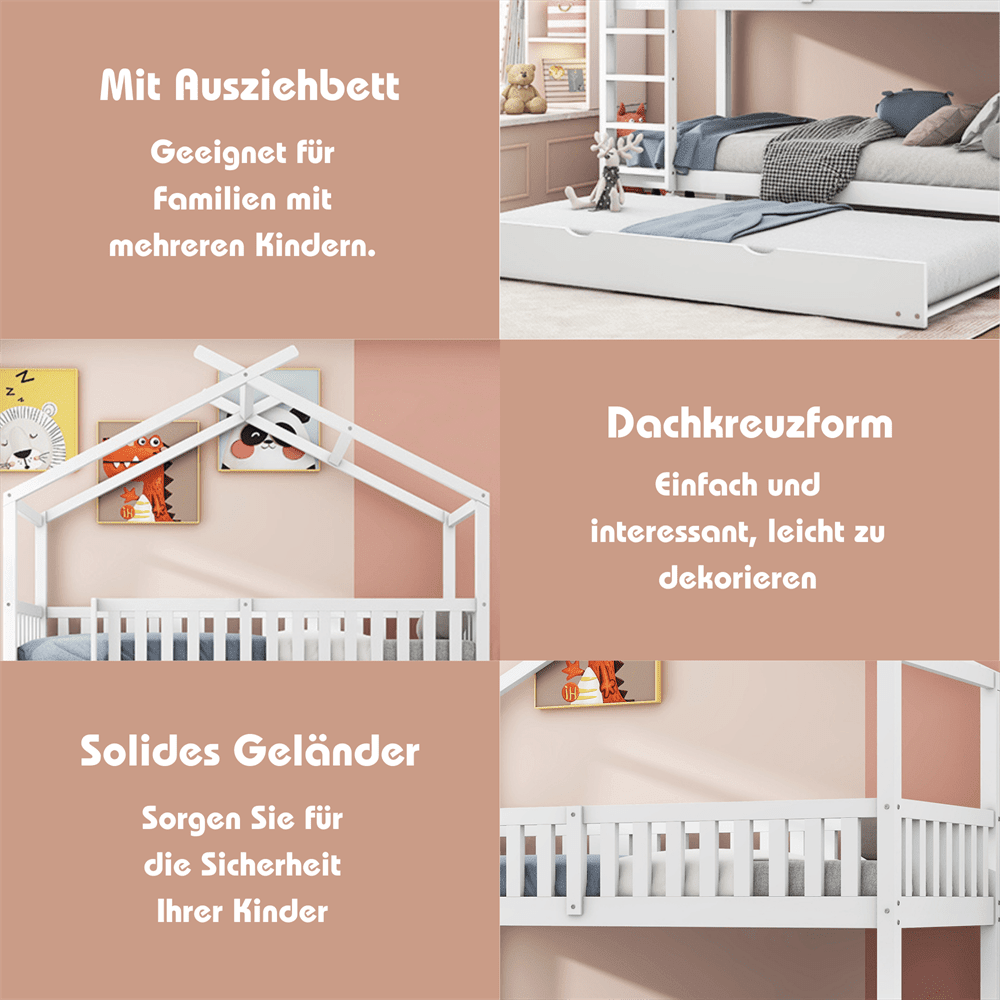 Hausbett Kinderbett Jugendbett, 90x200 cm, drei Betten,Ausziehbar, Platzsparendes Design, Weiß