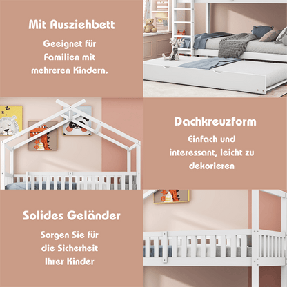 Hausbett Kinderbett Jugendbett, 90x200 cm, drei Betten,Ausziehbar, Platzsparendes Design, Weiß