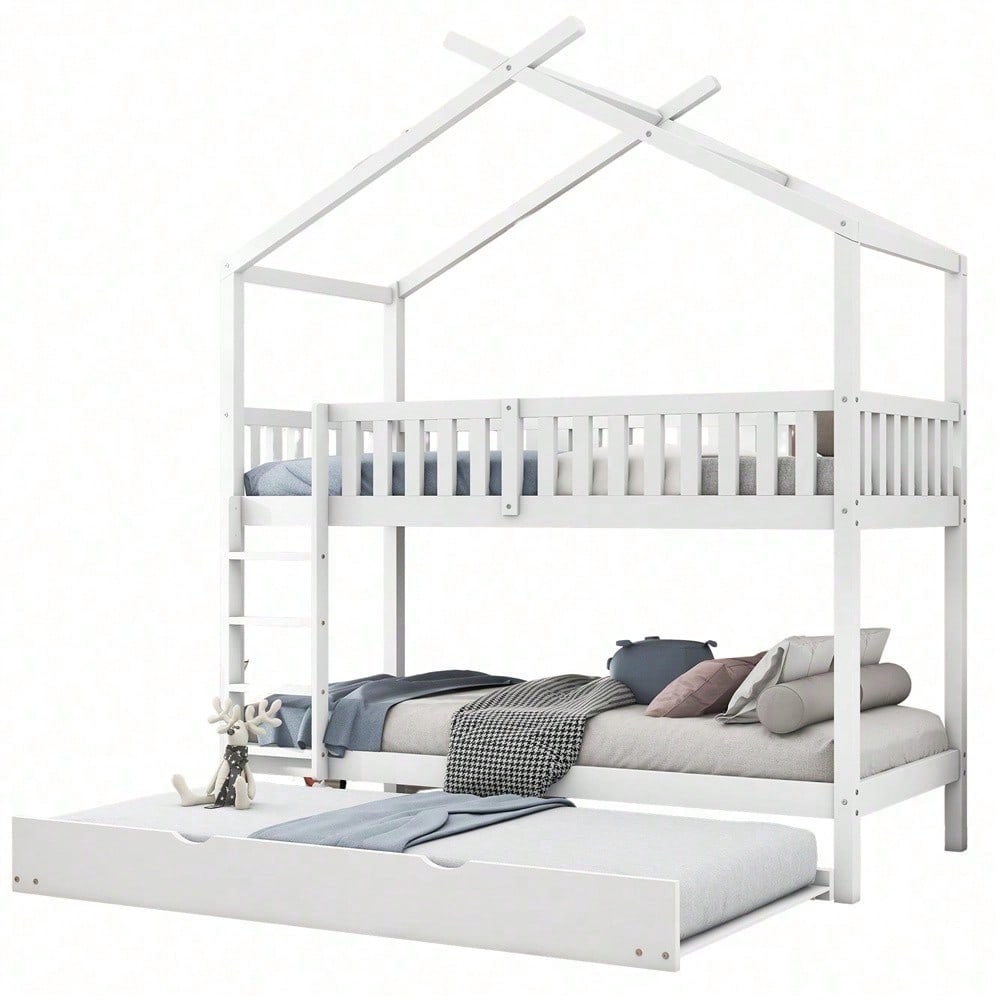 Hausbett Kinderbett Jugendbett, 90x200 cm, drei Betten,Ausziehbar, Platzsparendes Design, Weiß