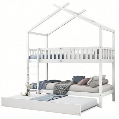 Hausbett Kinderbett Jugendbett, 90x200 cm, drei Betten,Ausziehbar, Platzsparendes Design, Weiß
