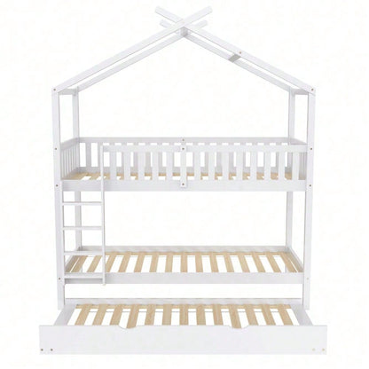 Hausbett Kinderbett Jugendbett, 90x200 cm, drei Betten,Ausziehbar, Platzsparendes Design, Weiß