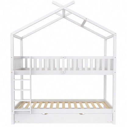 Hausbett Kinderbett Jugendbett, 90x200 cm, drei Betten,Ausziehbar, Platzsparendes Design, Weiß