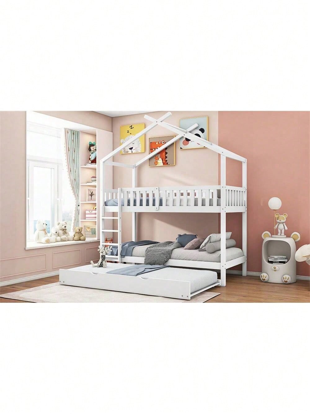 Hausbett Kinderbett Jugendbett, 90x200 cm, drei Betten,Ausziehbar, Platzsparendes Design, Weiß