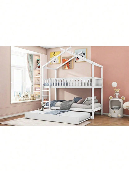 Hausbett Kinderbett Jugendbett, 90x200 cm, drei Betten,Ausziehbar, Platzsparendes Design, Weiß