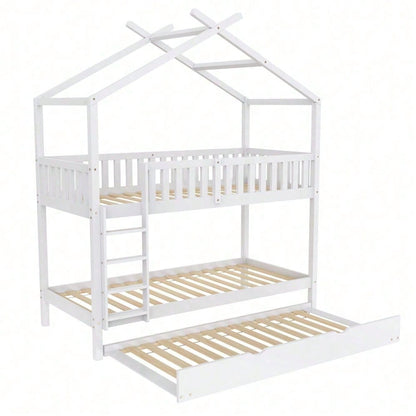 Hausbett Kinderbett Jugendbett, 90x200 cm, drei Betten,Ausziehbar, Platzsparendes Design, Weiß