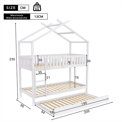 Hausbett Kinderbett Jugendbett, 90x200 cm, drei Betten,Ausziehbar, Platzsparendes Design, Weiß
